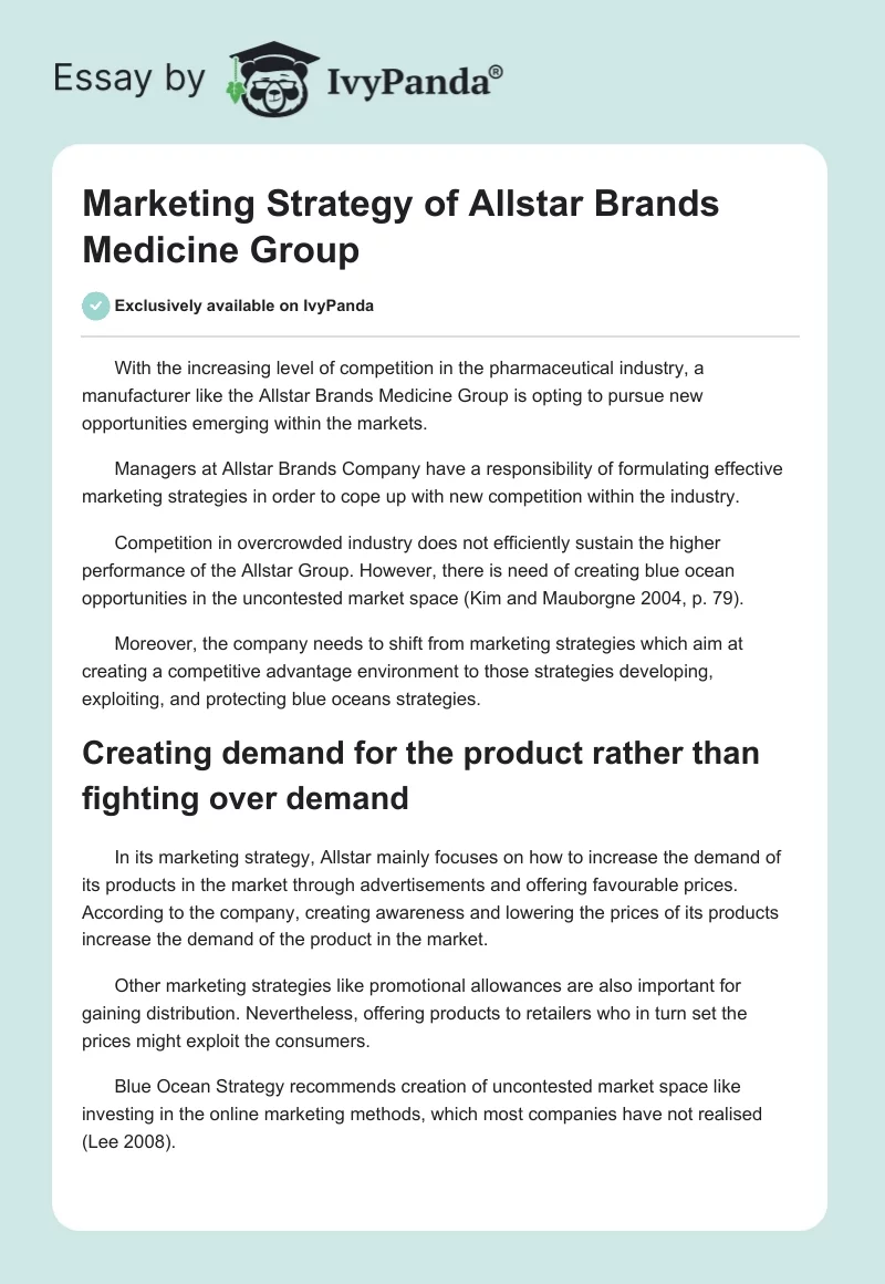 Marketing Strategy of Allstar Brands Medicine Group. Page 1