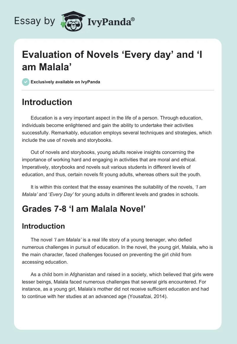 Evaluation of Novels ‘Every day’ and ‘I am Malala’. Page 1