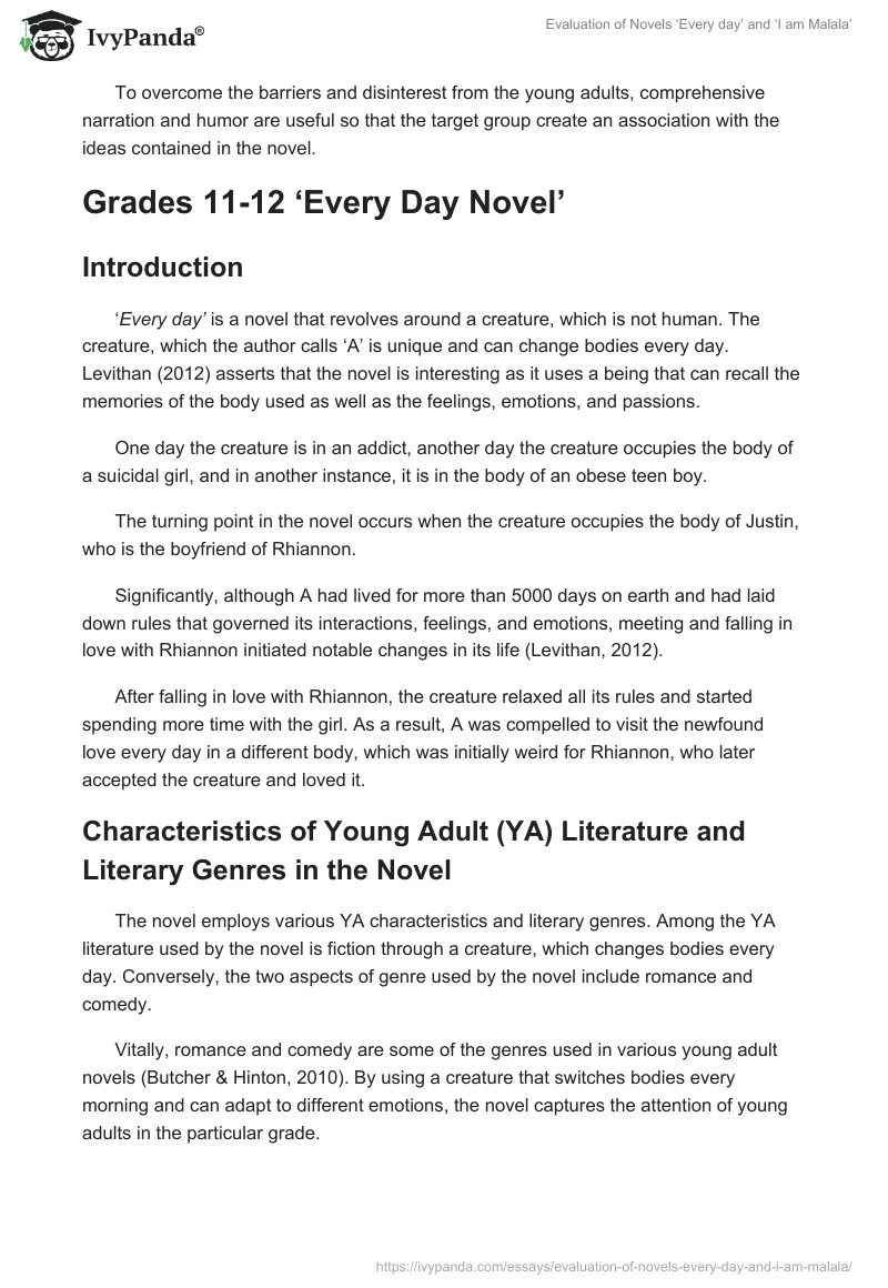 Evaluation of Novels ‘Every day’ and ‘I am Malala’. Page 4