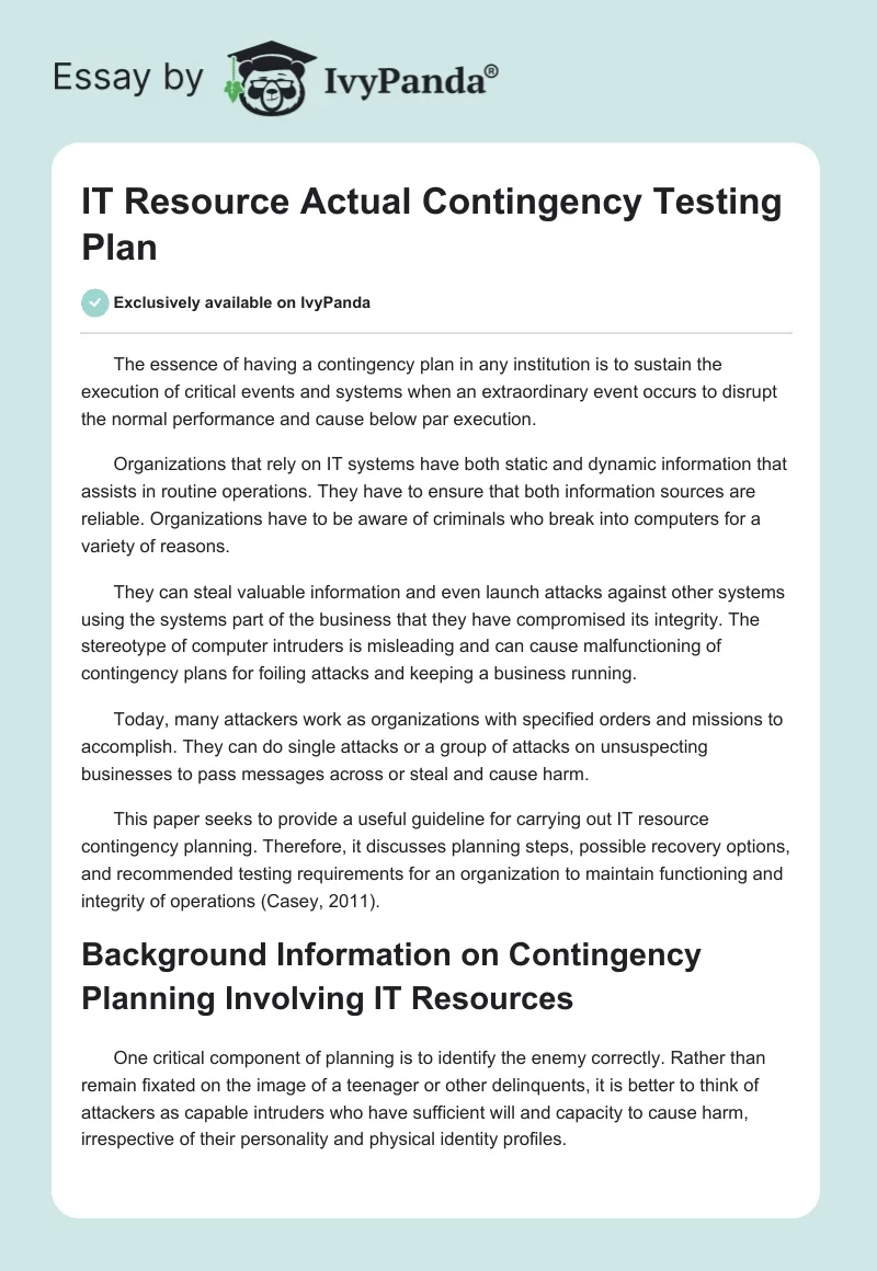 IT Resource Actual Contingency Testing Plan. Page 1