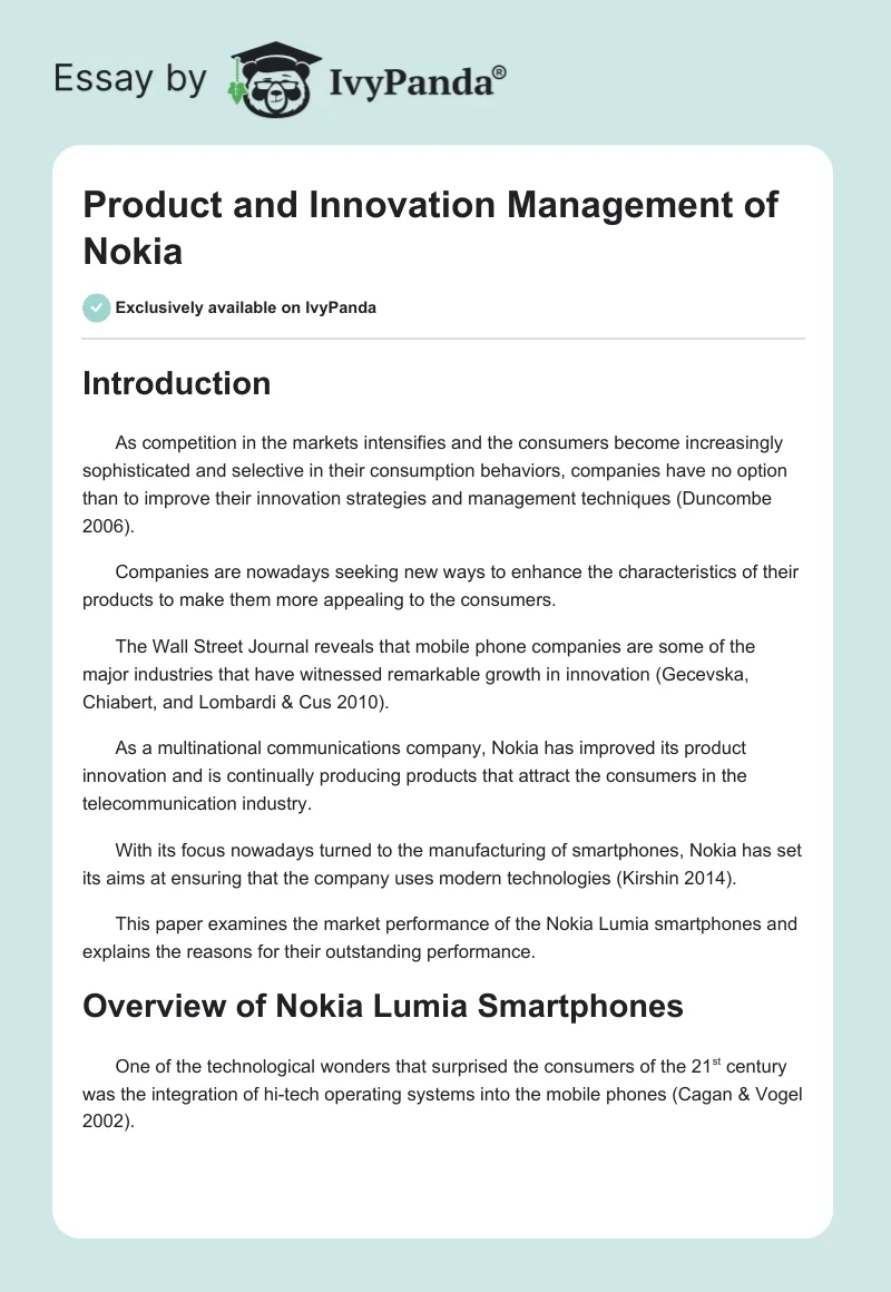 Product and Innovation Management of Nokia. Page 1