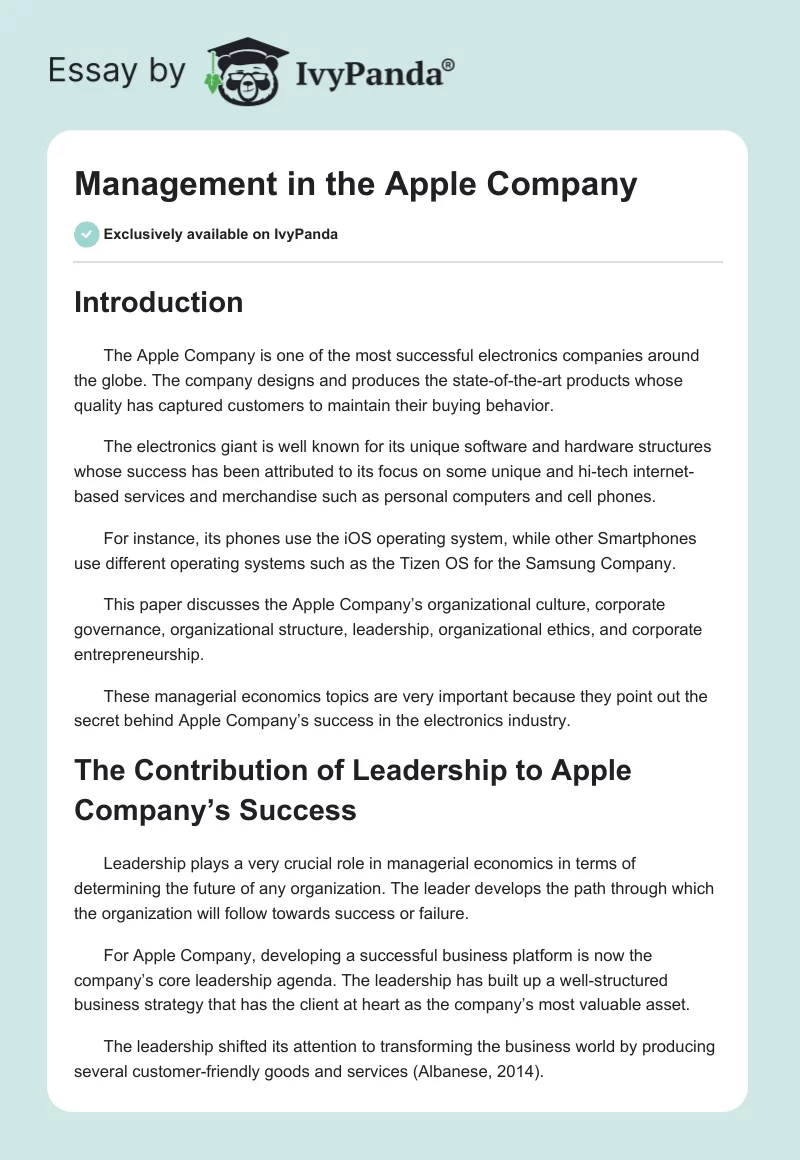 Management in the Apple Company. Page 1