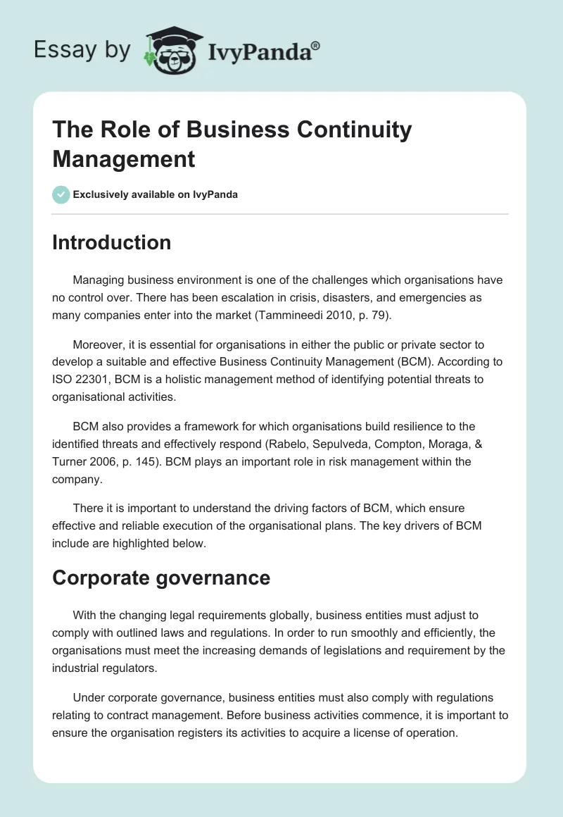 The Role of Business Continuity Management. Page 1