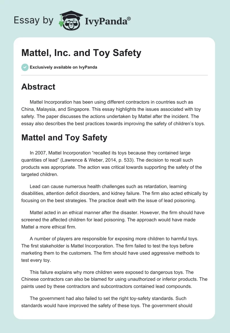 Mattel, Inc. and Toy Safety. Page 1