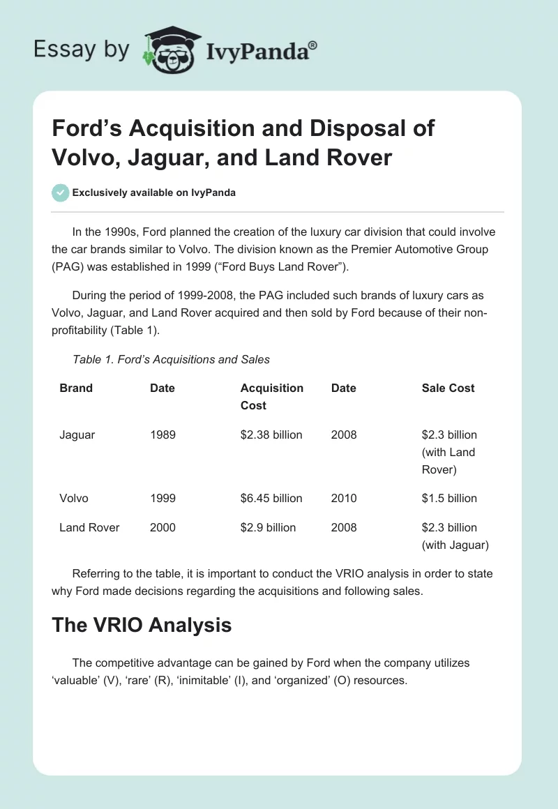 Ford’s Acquisition and Disposal of Volvo, Jaguar, and Land Rover. Page 1