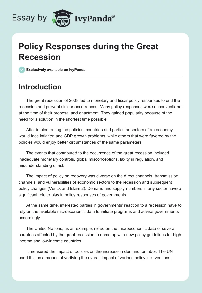 Policy Responses during the Great Recession. Page 1