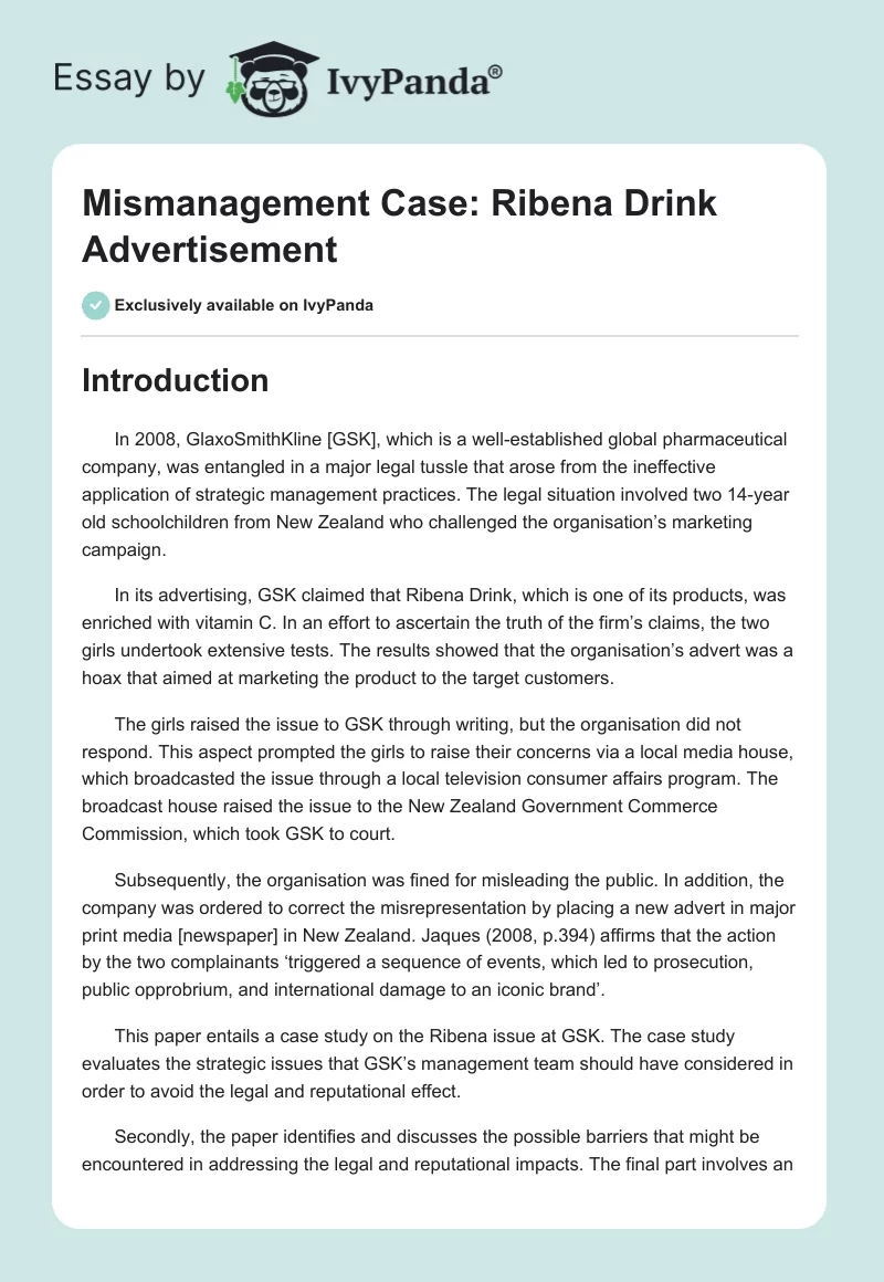 Mismanagement Case: Ribena Drink Advertisement. Page 1