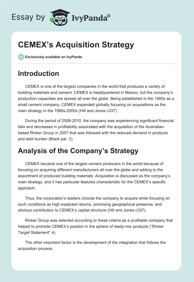 CEMEX’s Acquisition Strategy. Page 1