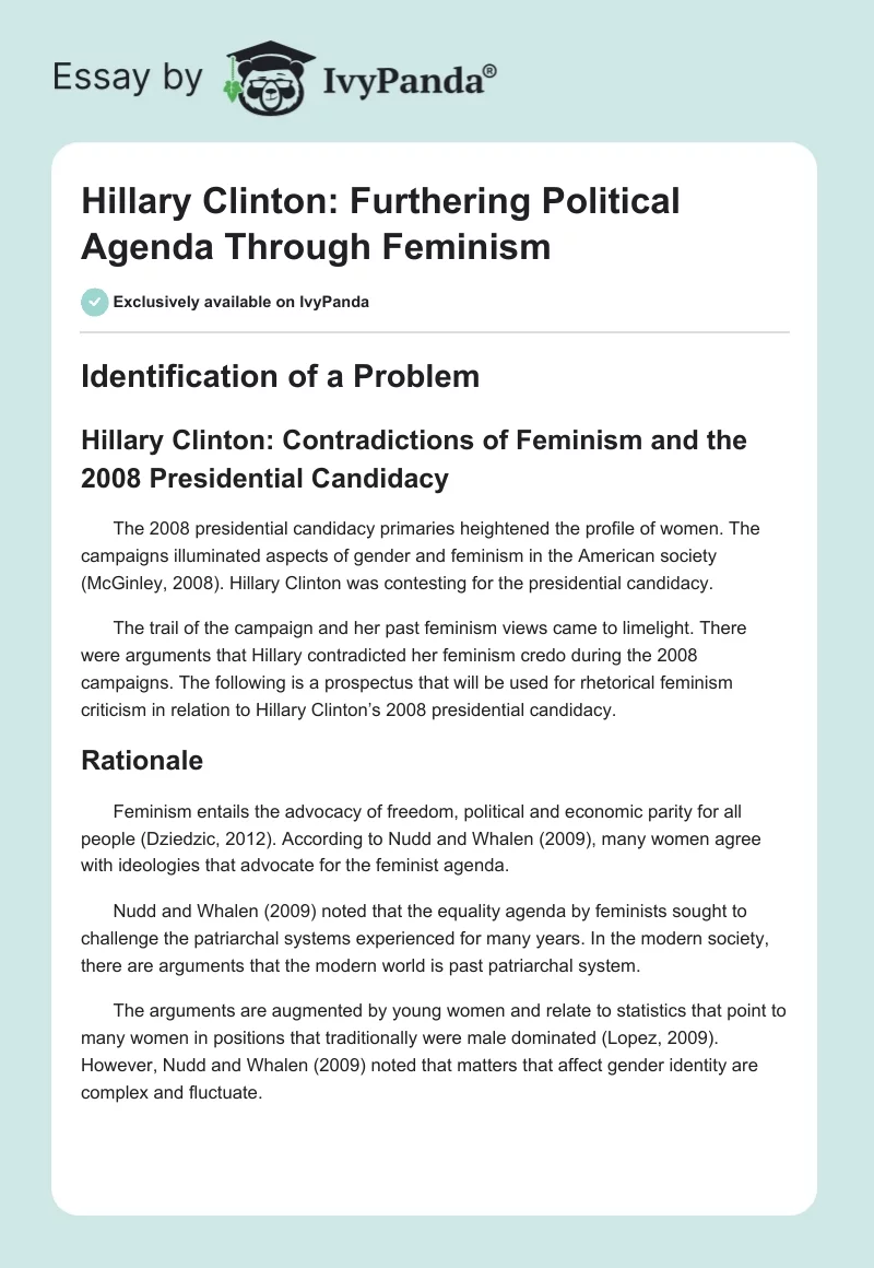 Hillary Clinton: Furthering Political Agenda Through Feminism. Page 1