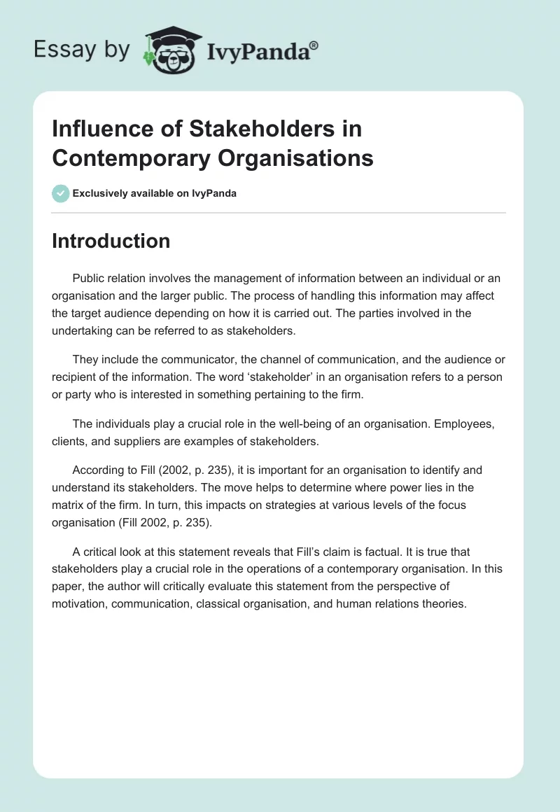 Influence of Stakeholders in Contemporary Organisations. Page 1