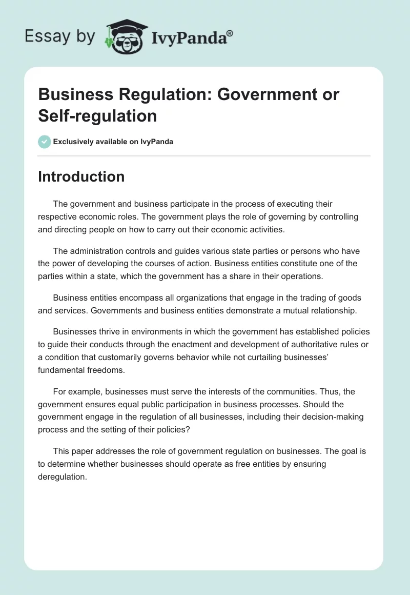 Business Regulation: Government or Self-regulation. Page 1