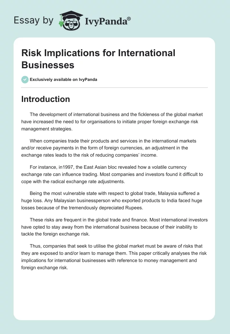 Risk Implications for International Businesses. Page 1