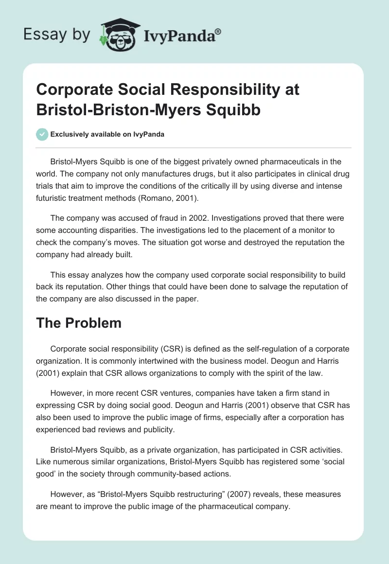 Corporate Social Responsibility at Bristol-Briston-Myers Squibb. Page 1