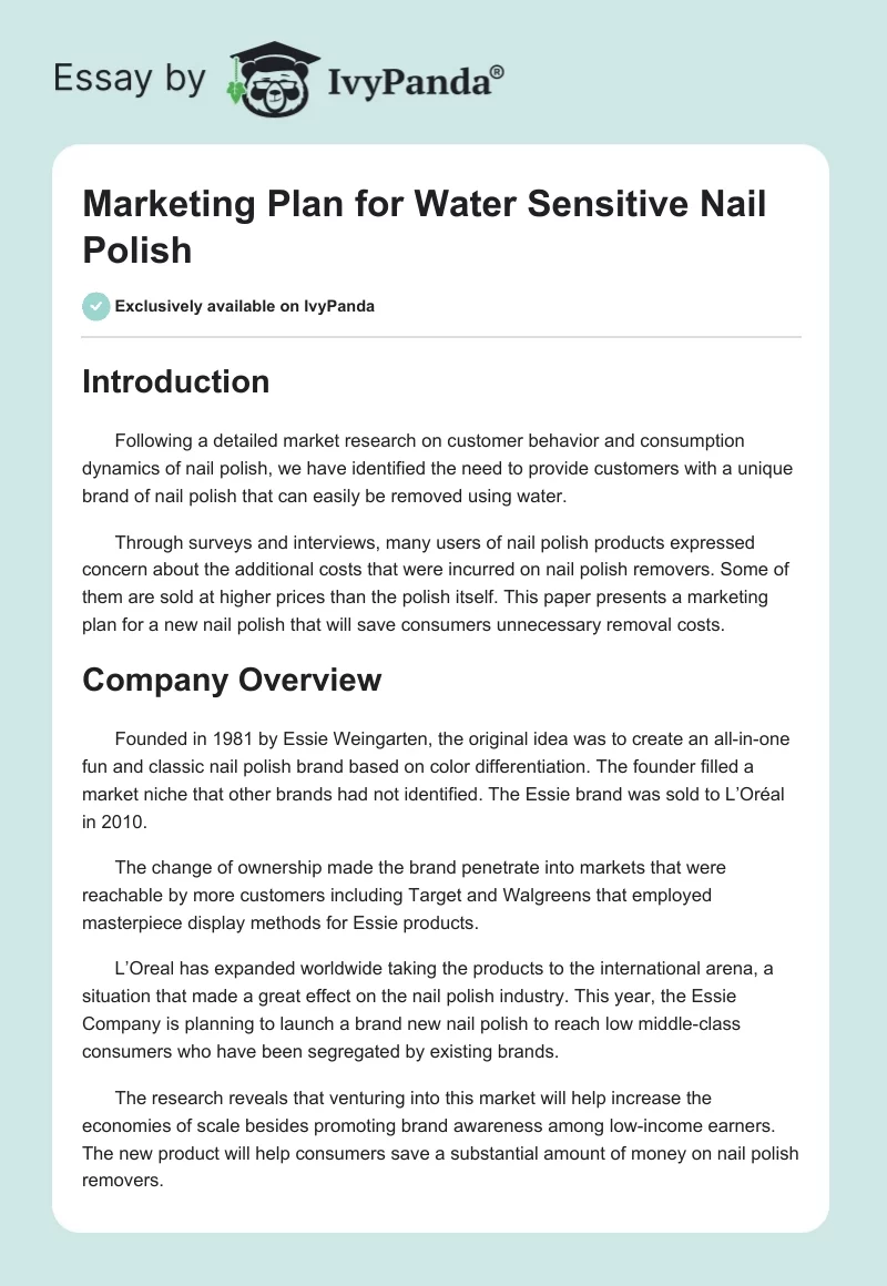 Marketing Plan for Water Sensitive Nail Polish. Page 1