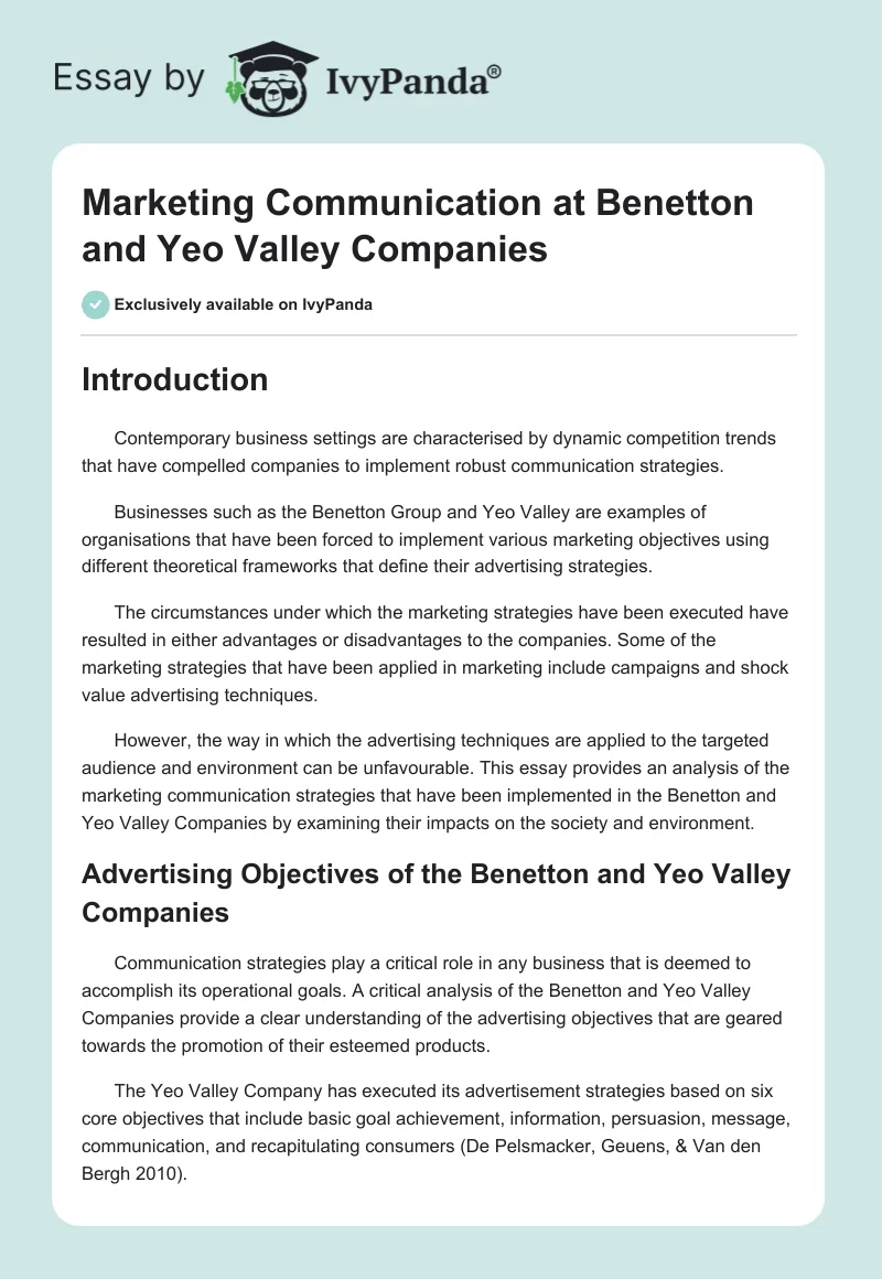 Marketing Communication at Benetton and Yeo Valley Companies. Page 1