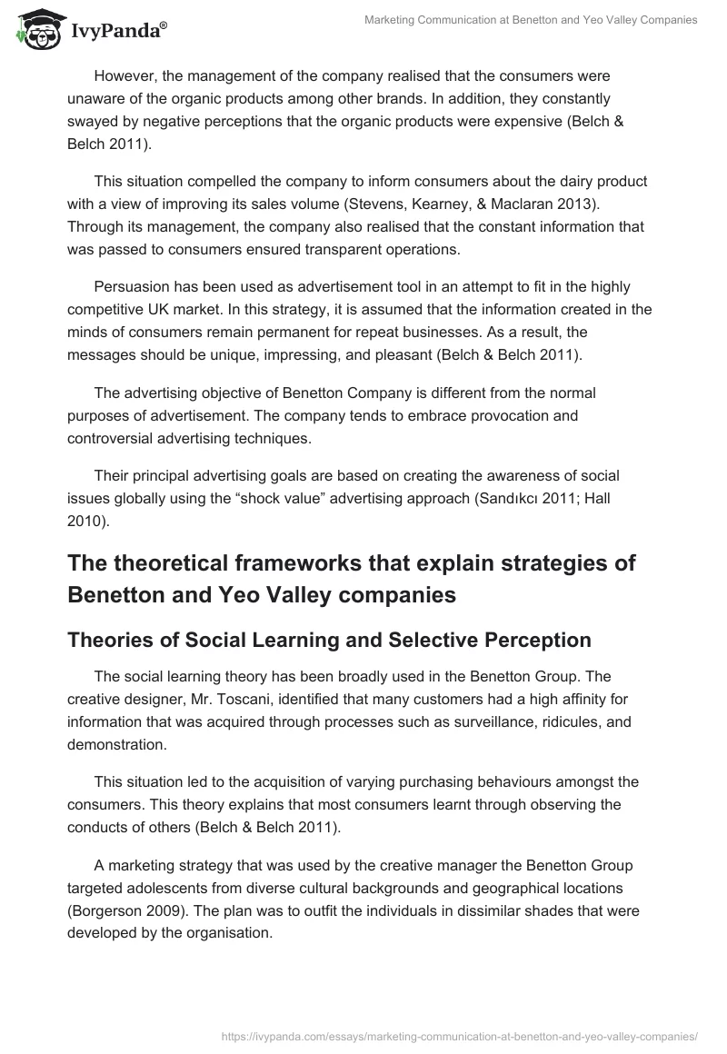 Marketing Communication at Benetton and Yeo Valley Companies. Page 2
