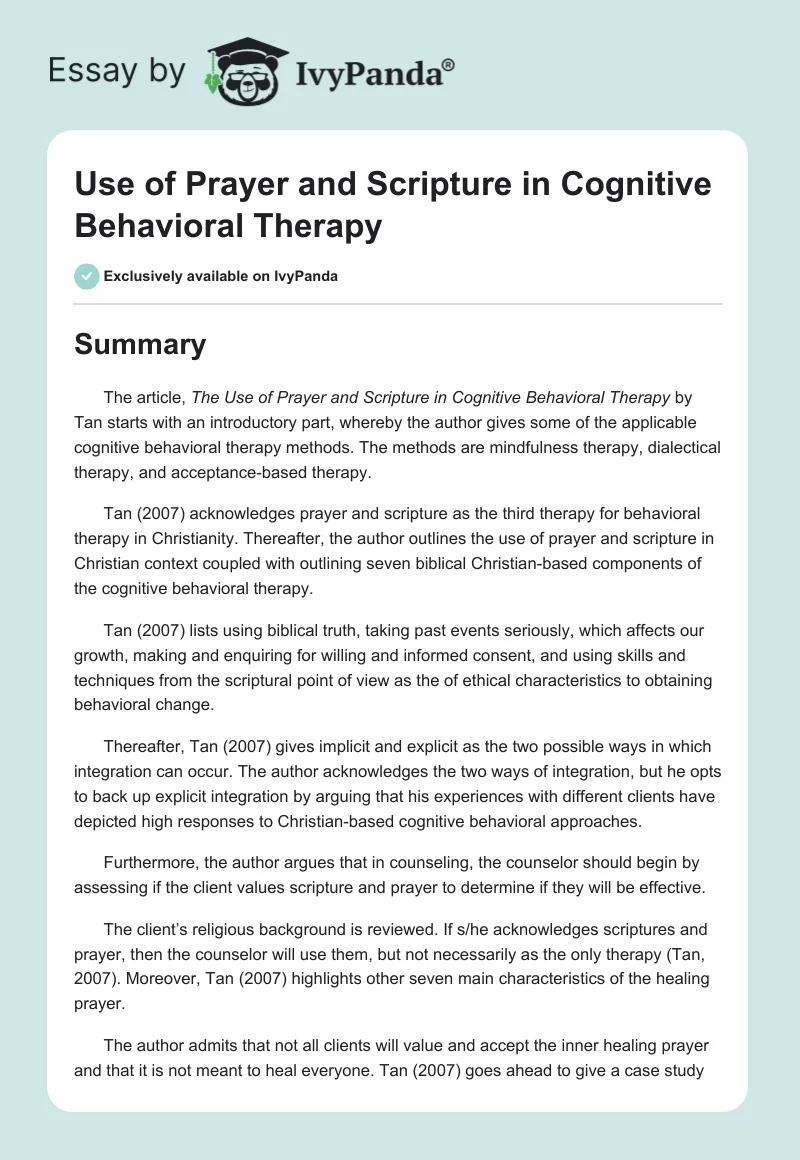 Use of Prayer and Scripture in Cognitive Behavioral Therapy. Page 1
