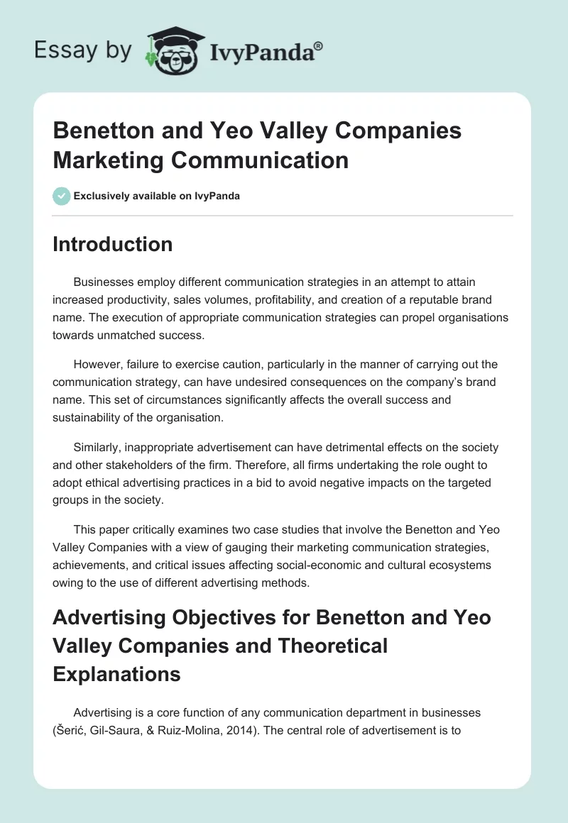 Benetton and Yeo Valley Companies Marketing Communication. Page 1