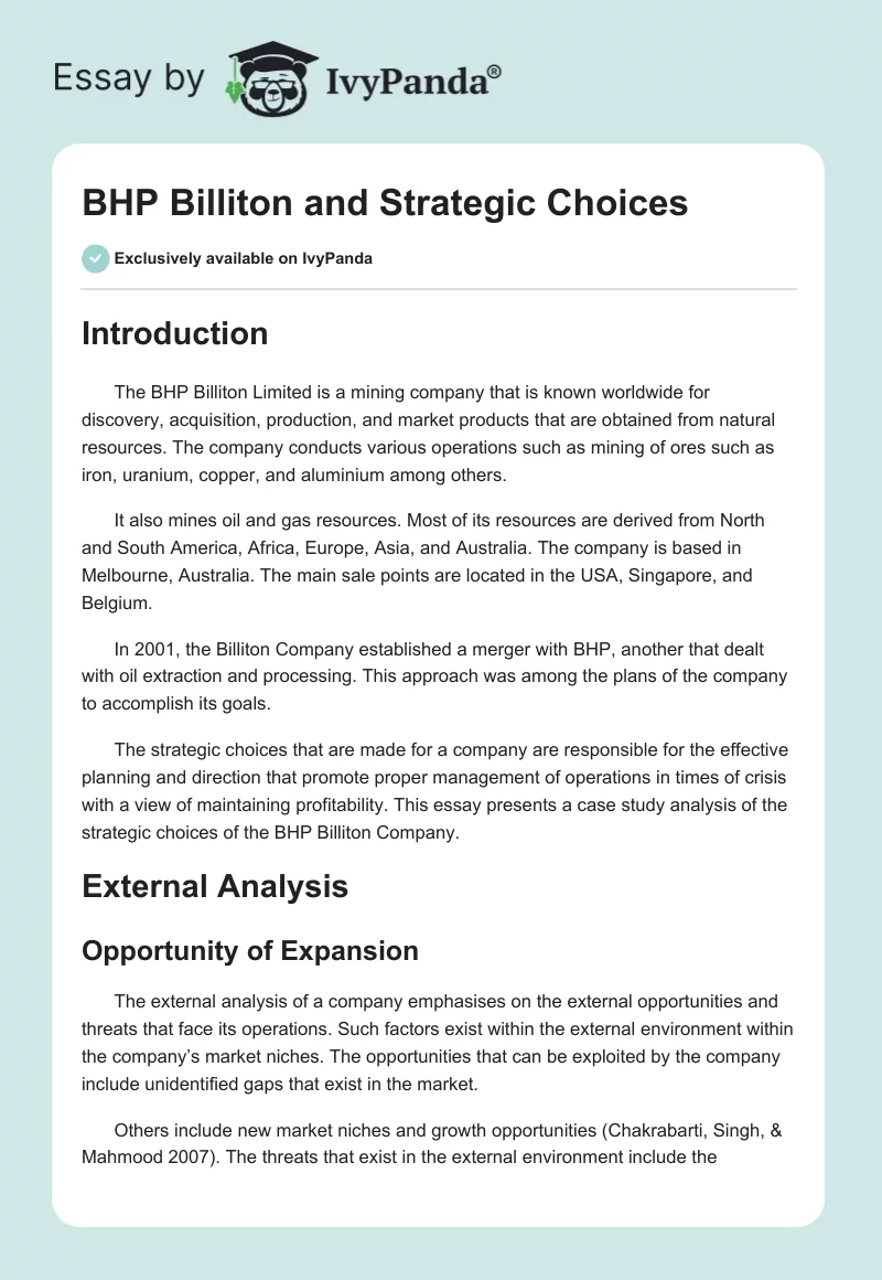 BHP Billiton and Strategic Choices. Page 1