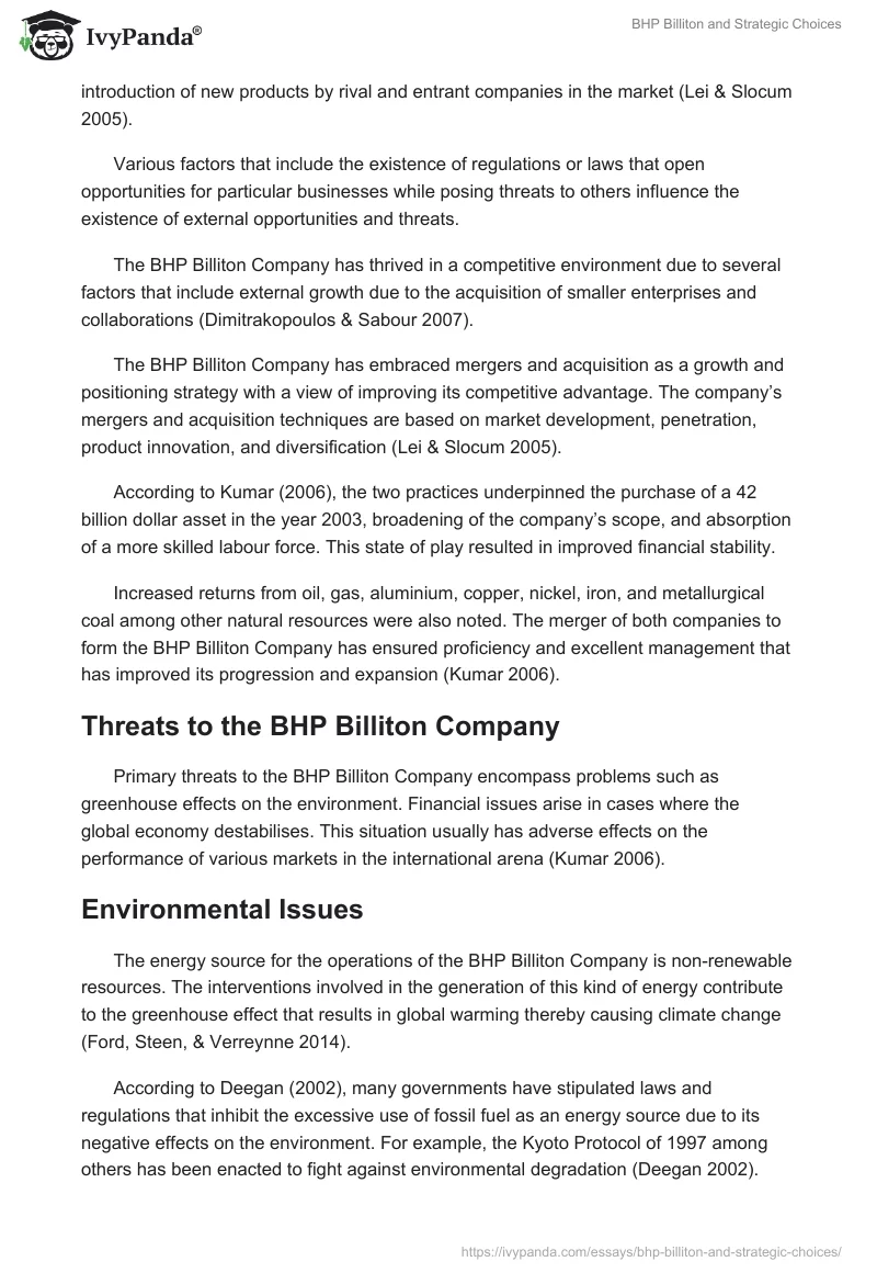 BHP Billiton and Strategic Choices. Page 2