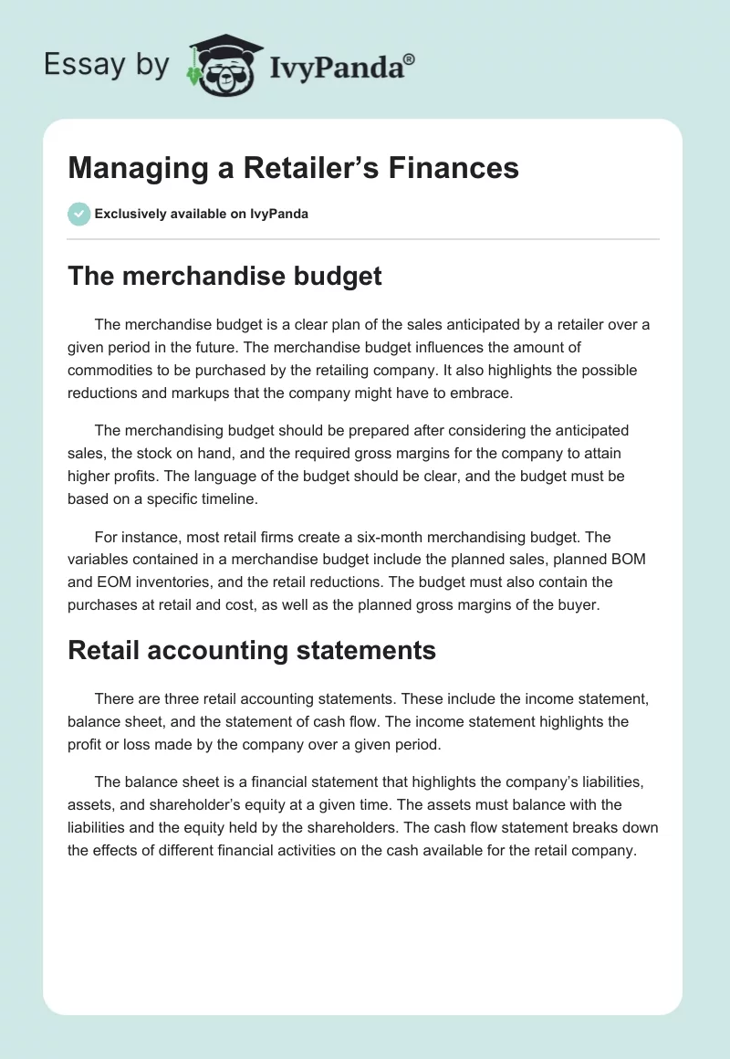 Managing a Retailer’s Finances. Page 1