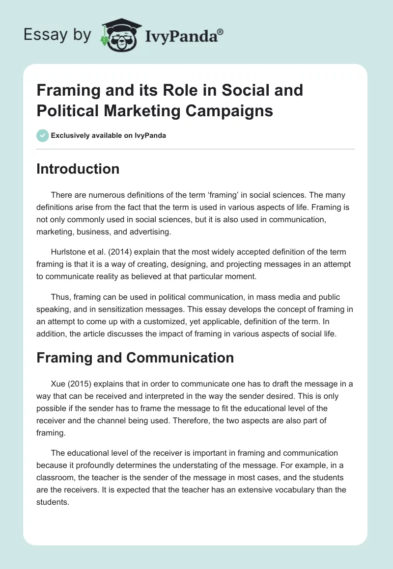 Framing and its Role in Social and Political Marketing Campaigns. Page 1