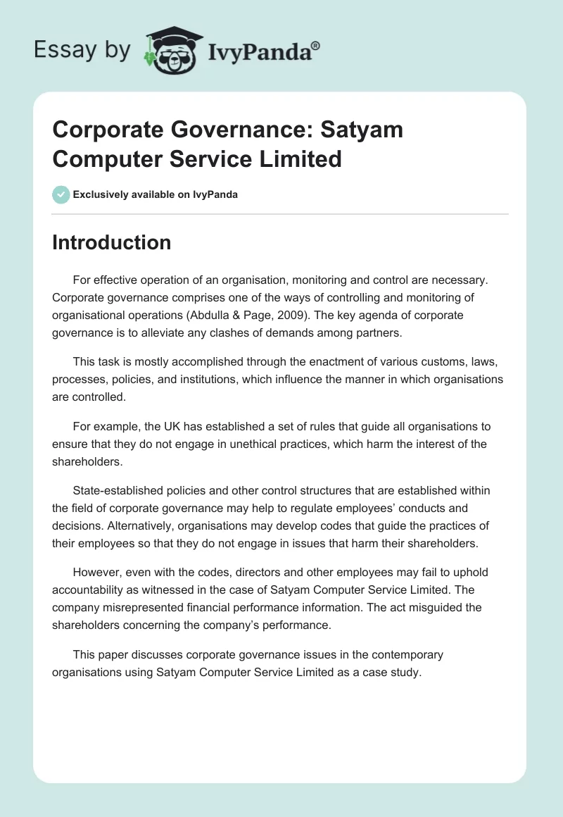 Corporate Governance: Satyam Computer Service Limited. Page 1