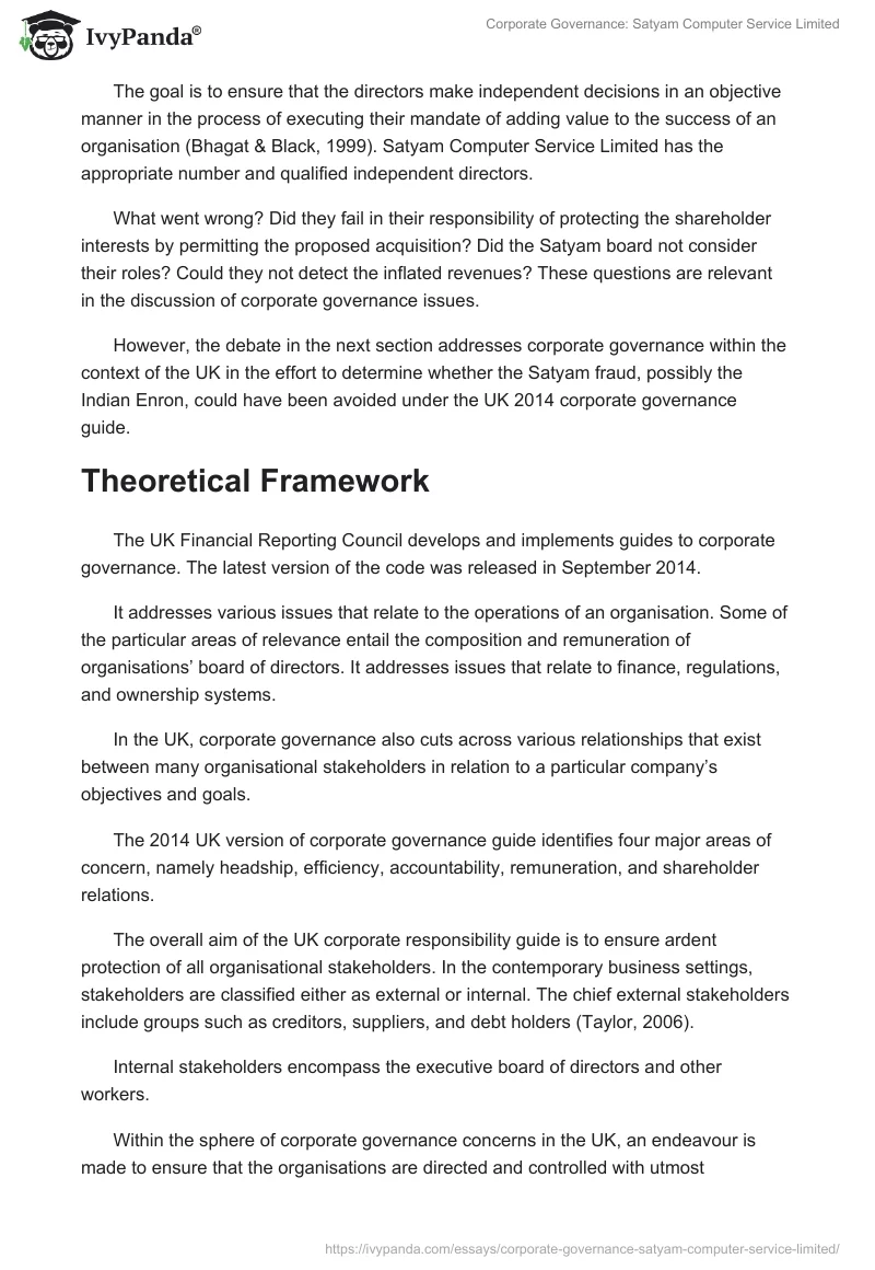 Corporate Governance: Satyam Computer Service Limited. Page 3