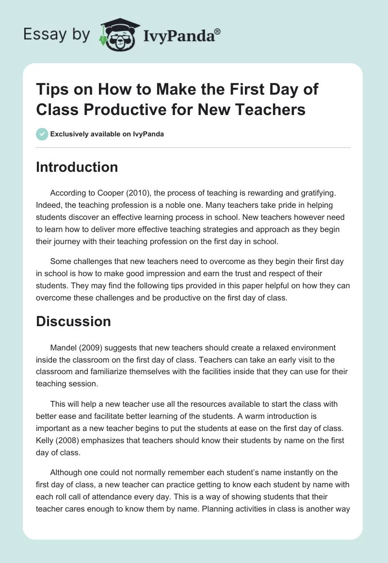 Tips on How to Make the First Day of Class Productive for New Teachers. Page 1