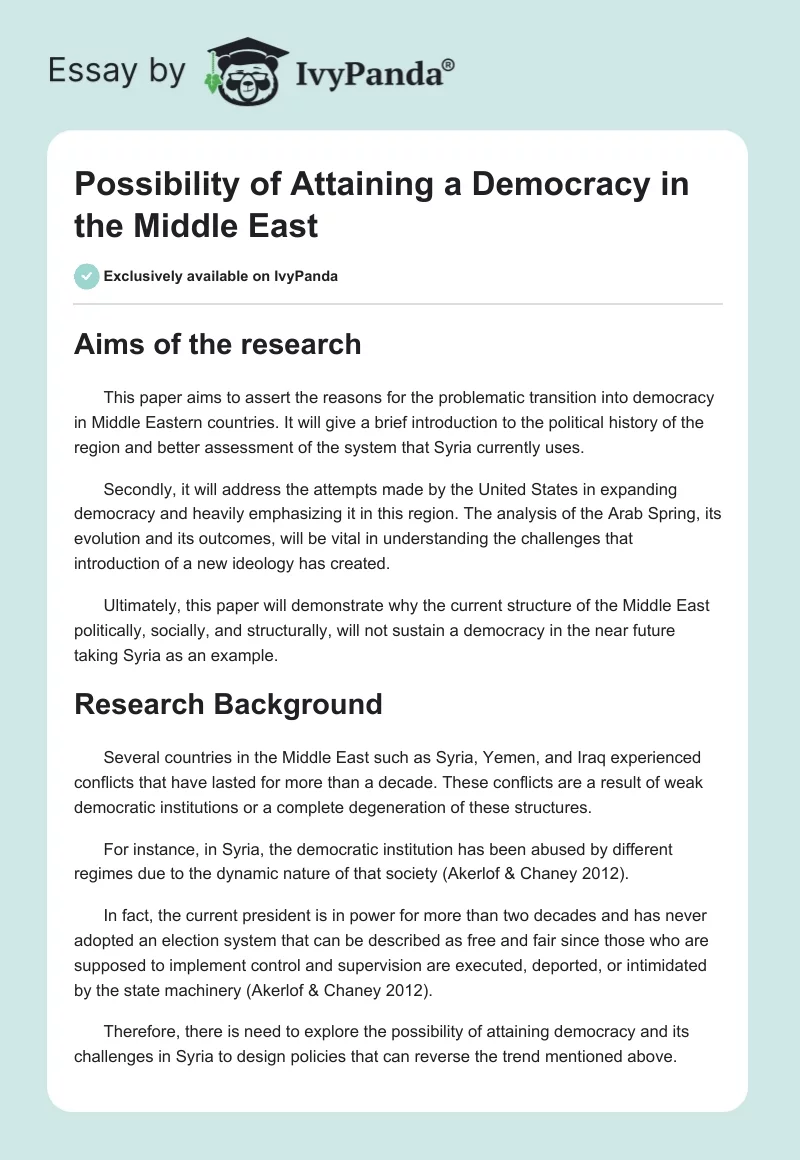 Possibility of Attaining a Democracy in the Middle East. Page 1