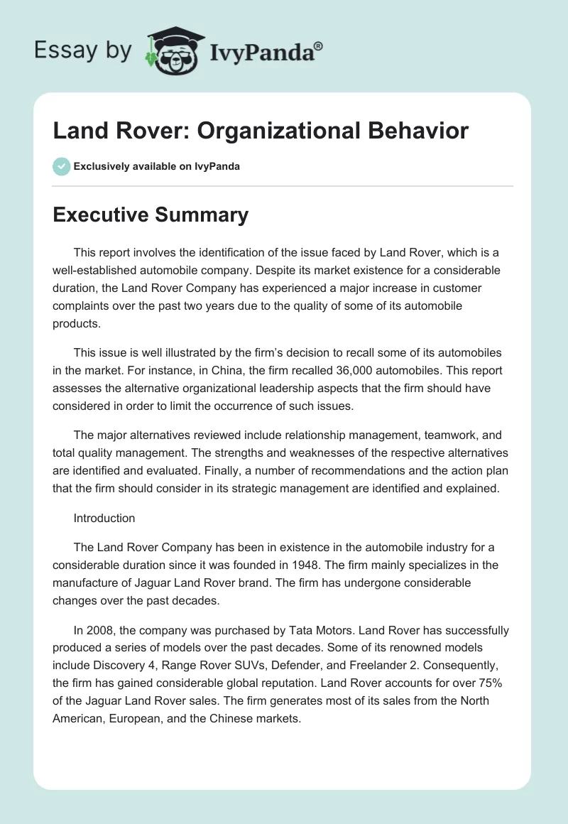 Land Rover: Organizational Behavior. Page 1