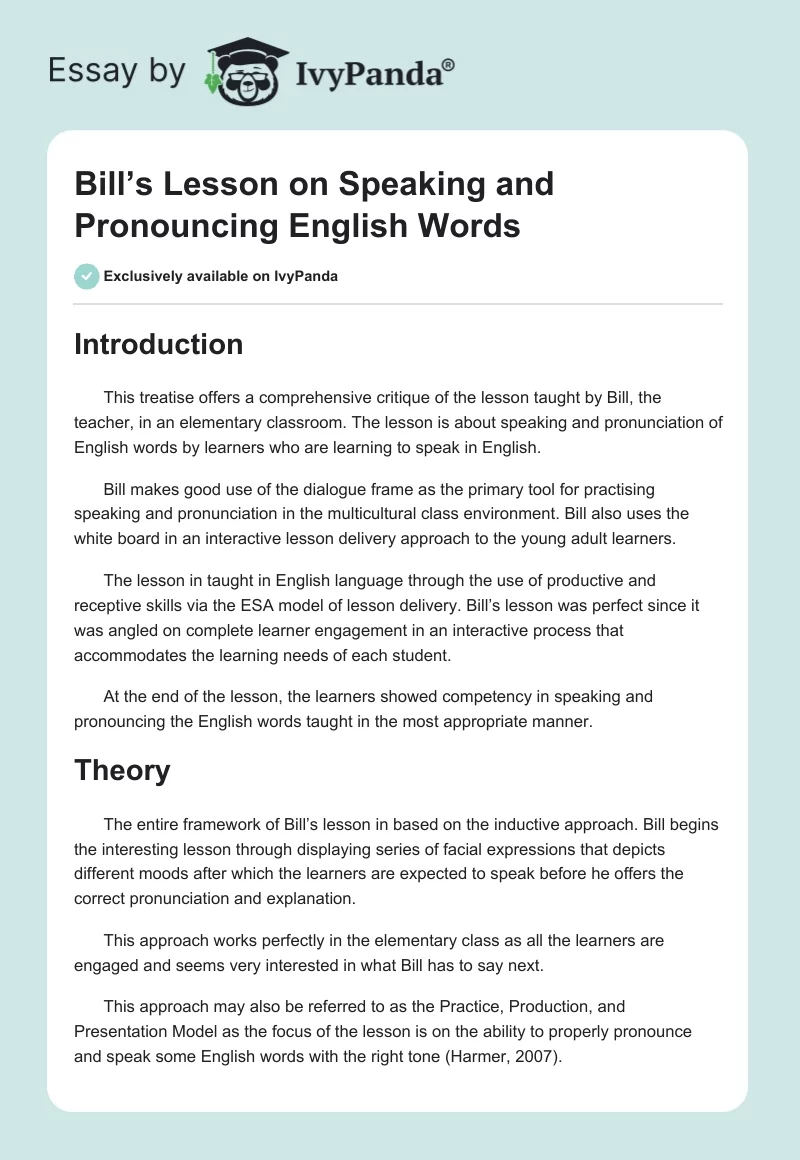 Bill’s Lesson on Speaking and Pronouncing English Words. Page 1