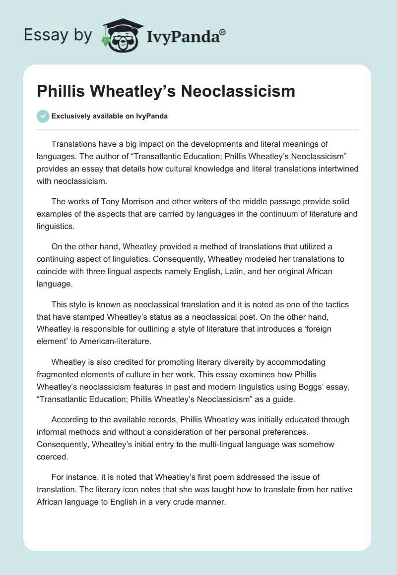 Phillis Wheatley’s Neoclassicism. Page 1