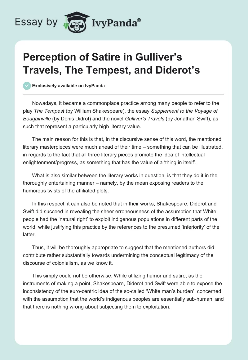 Perception of Satire in Gulliver’s Travels, The Tempest, and Diderot’s. Page 1