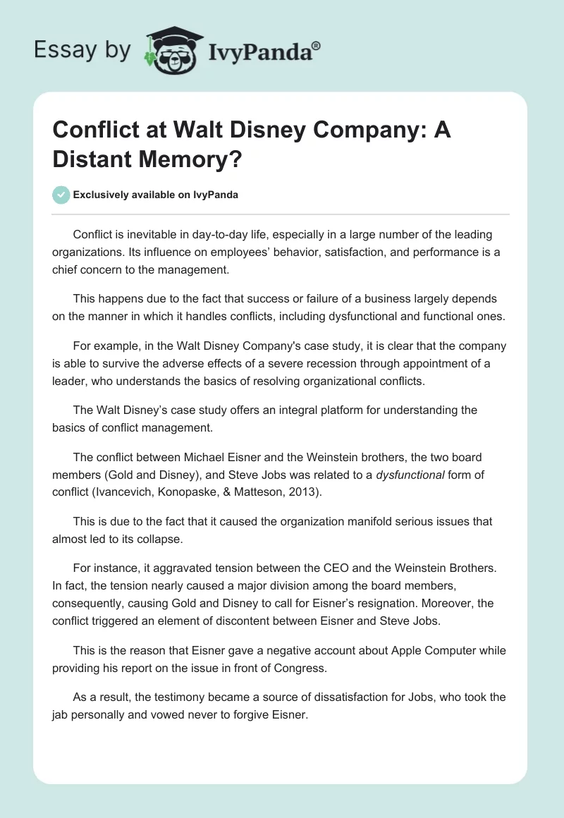 Conflict at Walt Disney Company: A Distant Memory?. Page 1