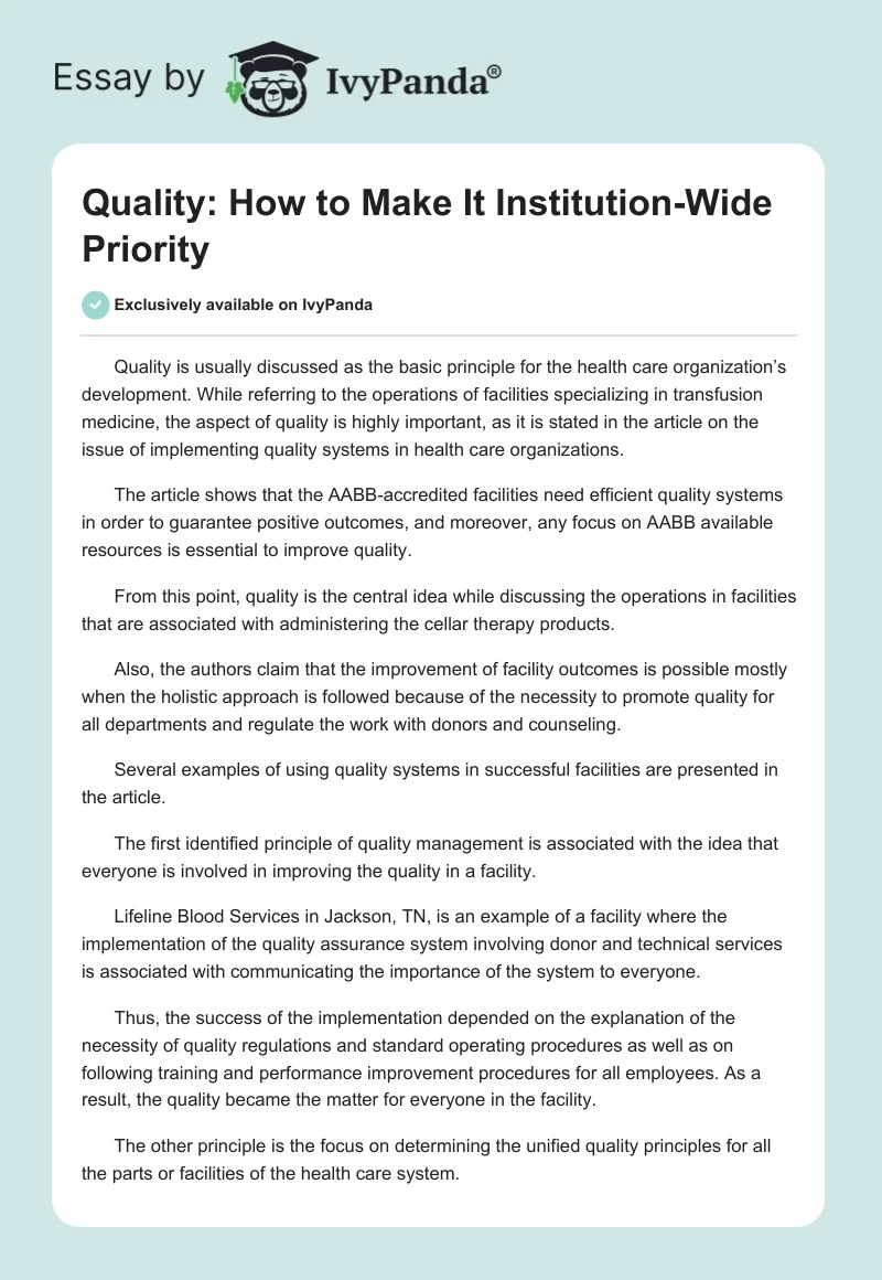 Quality: How to Make It Institution-Wide Priority. Page 1