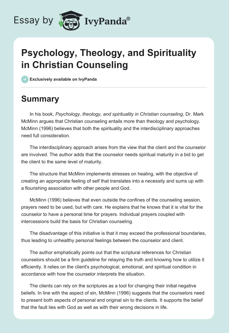 Psychology, Theology, and Spirituality in Christian Counseling. Page 1