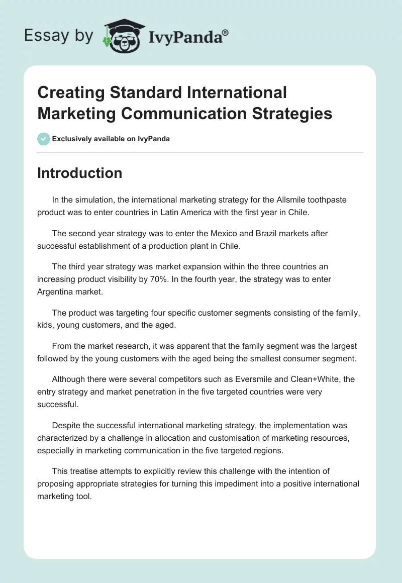 Creating Standard International Marketing Communication Strategies. Page 1