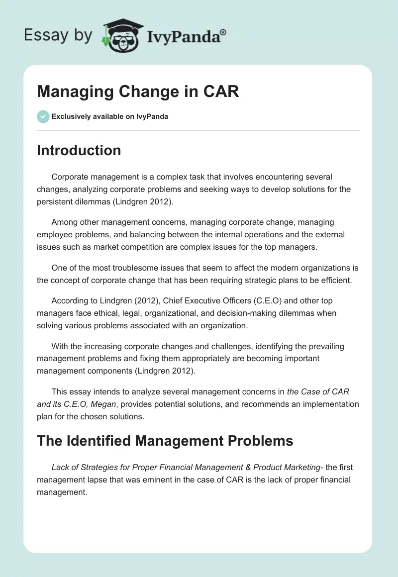 Managing Change in CAR. Page 1