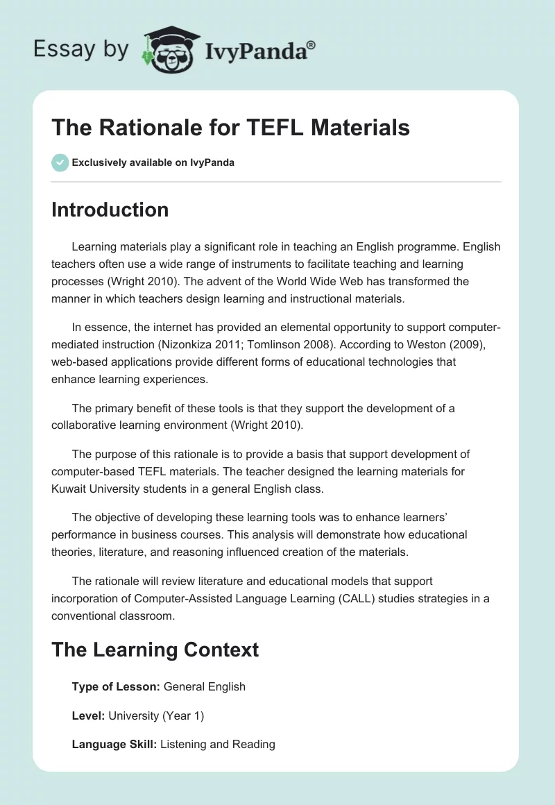 The Rationale for TEFL Materials. Page 1