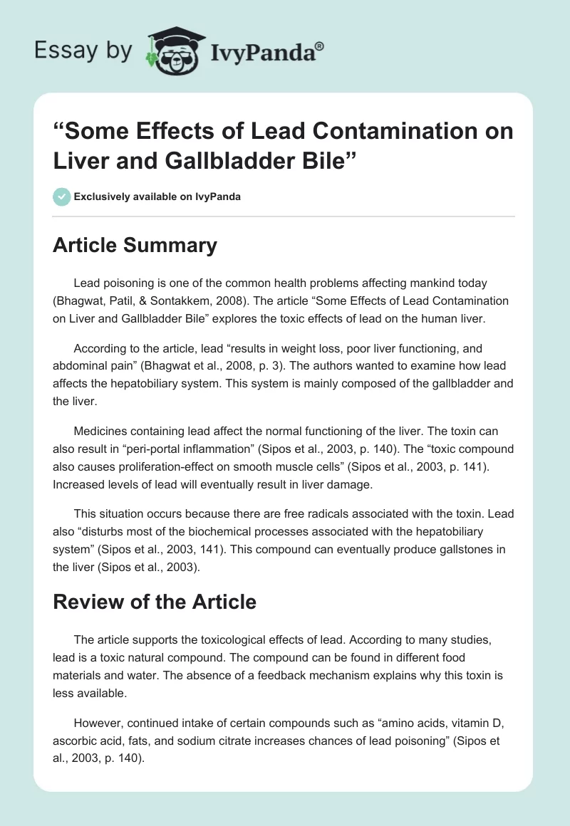 “Some Effects of Lead Contamination on Liver and Gallbladder Bile”. Page 1