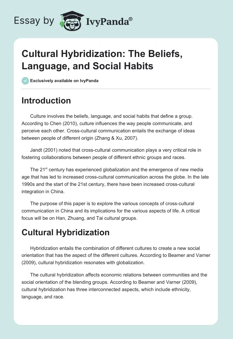 Cultural Hybridization: The Beliefs, Language, and Social Habits. Page 1
