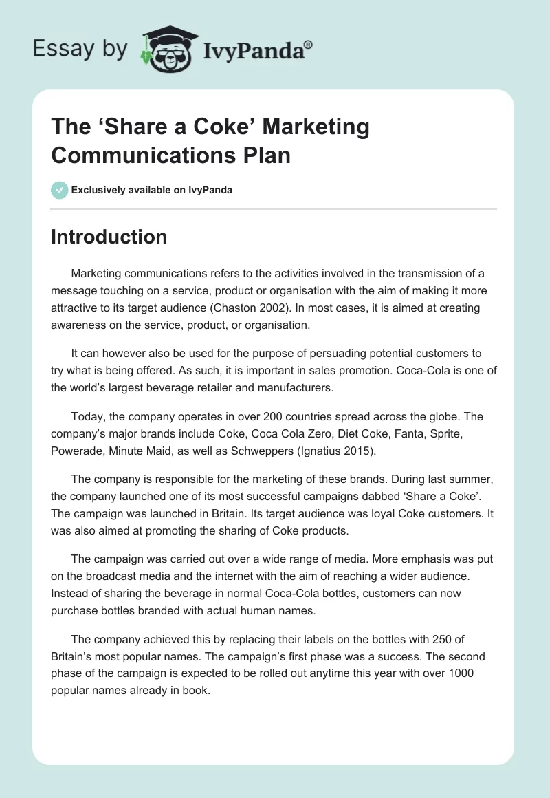The ‘Share a Coke’ Marketing Communications Plan. Page 1