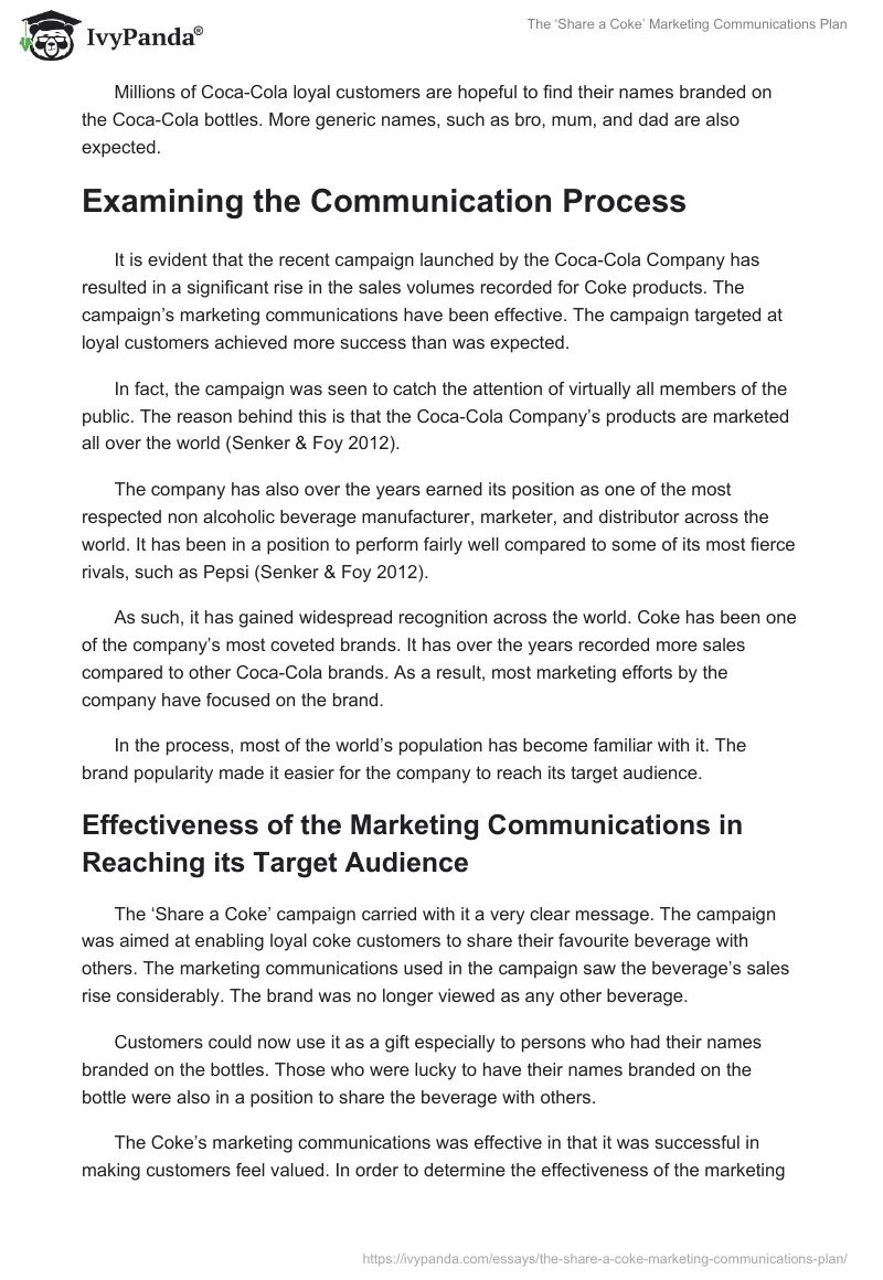The ‘Share a Coke’ Marketing Communications Plan. Page 2