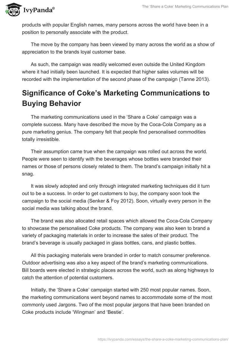 The ‘Share a Coke’ Marketing Communications Plan. Page 4