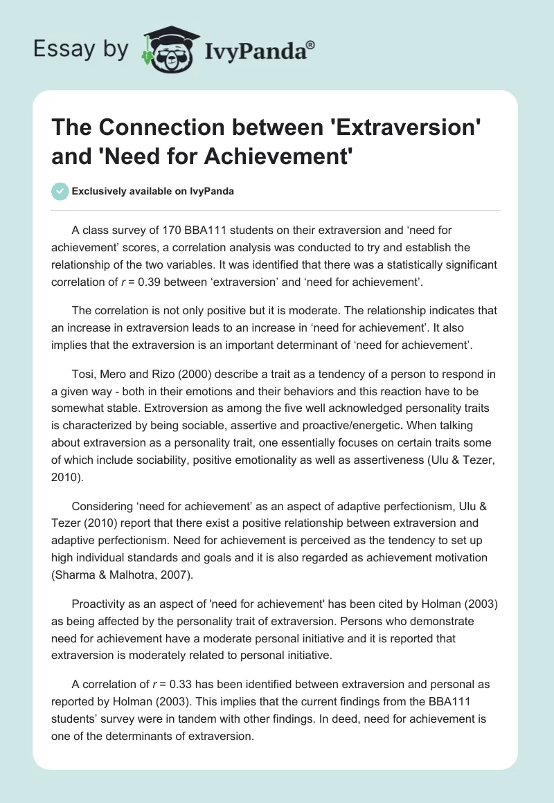 The Connection between 'Extraversion' and 'Need for Achievement'. Page 1