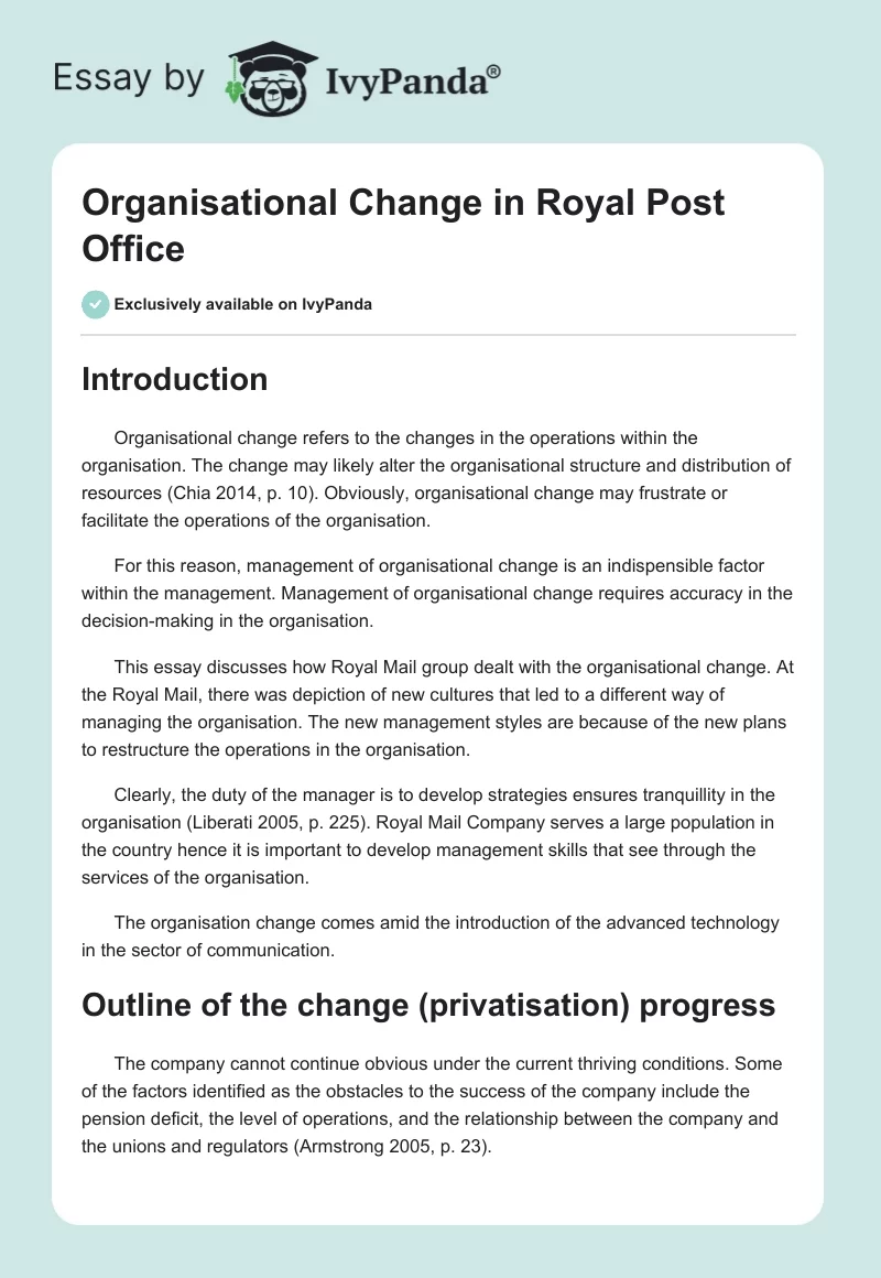 Organisational Change in Royal Post Office. Page 1