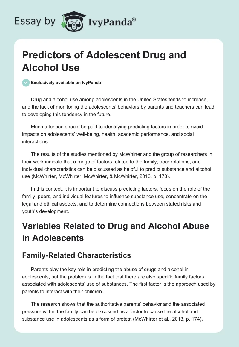 Predictors of Adolescent Drug and Alcohol Use. Page 1
