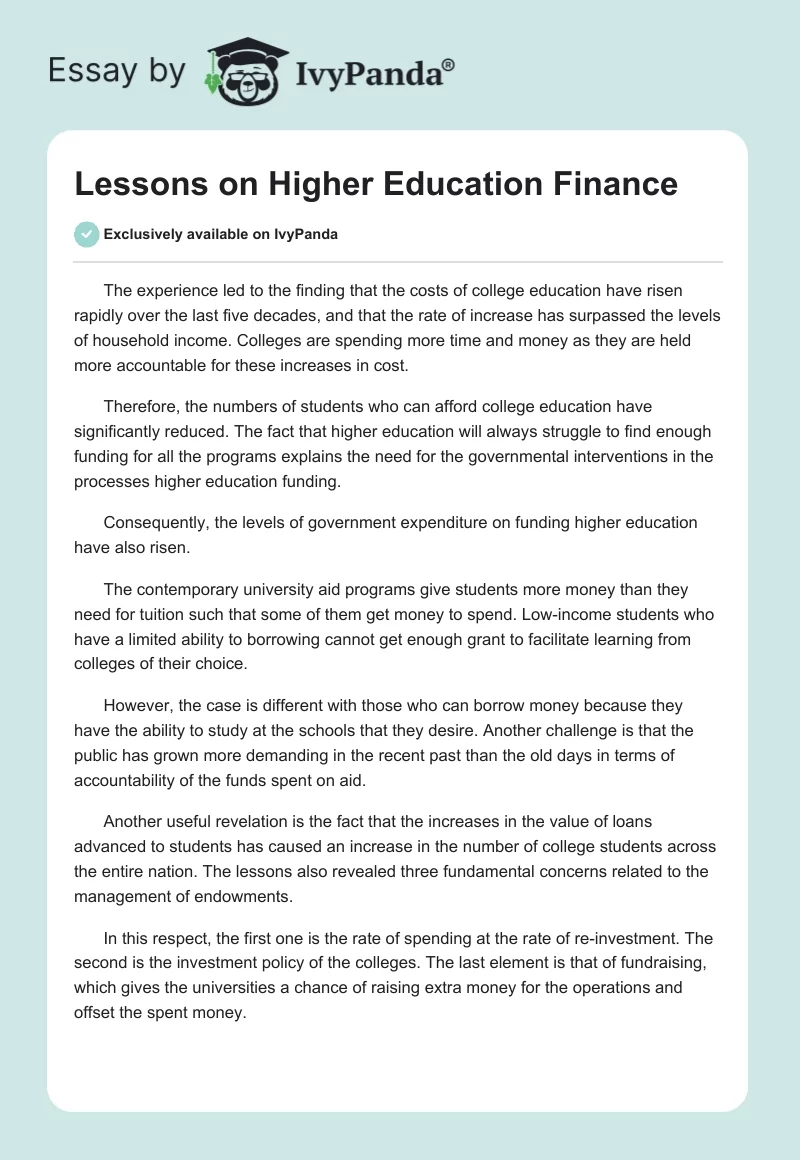 Lessons on Higher Education Finance. Page 1
