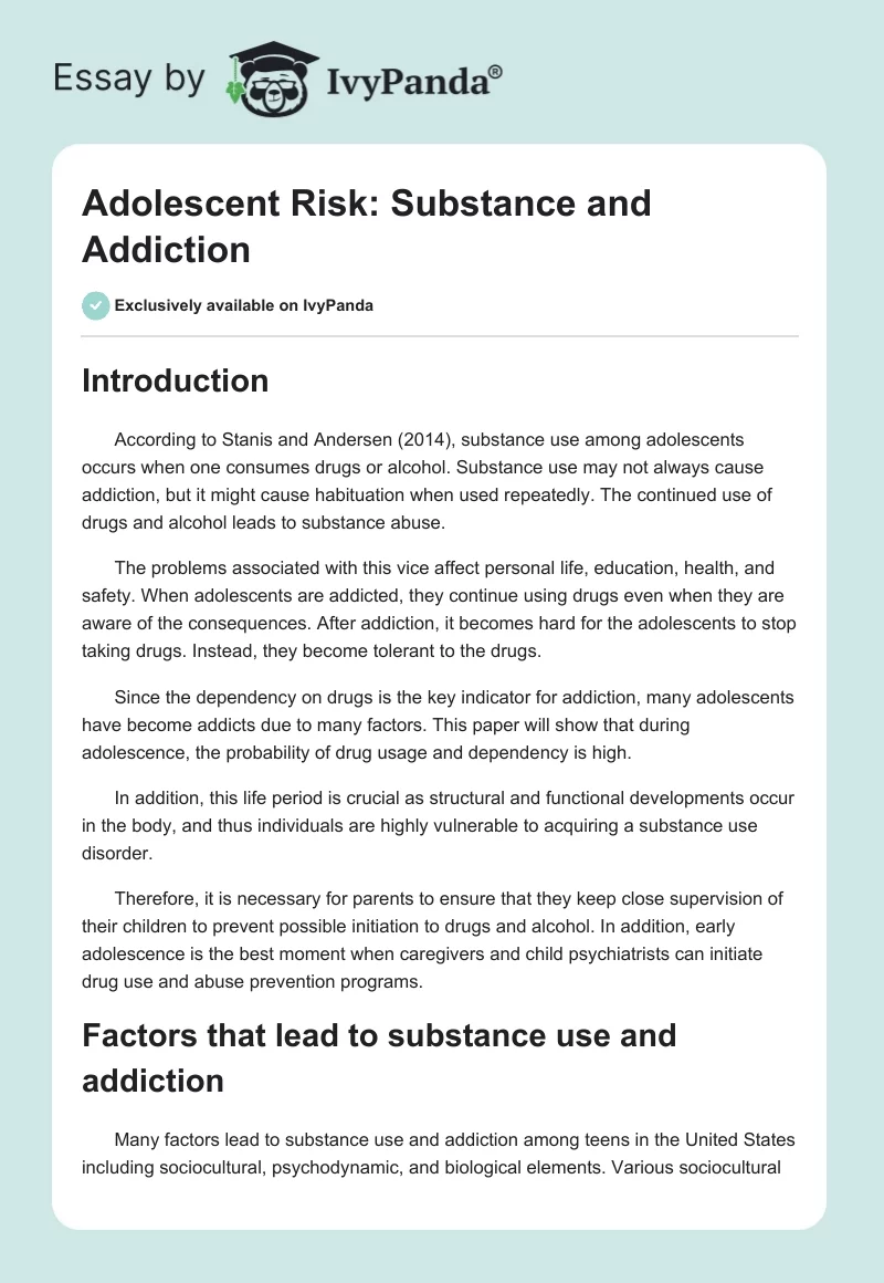 Adolescent Risk: Substance and Addiction. Page 1